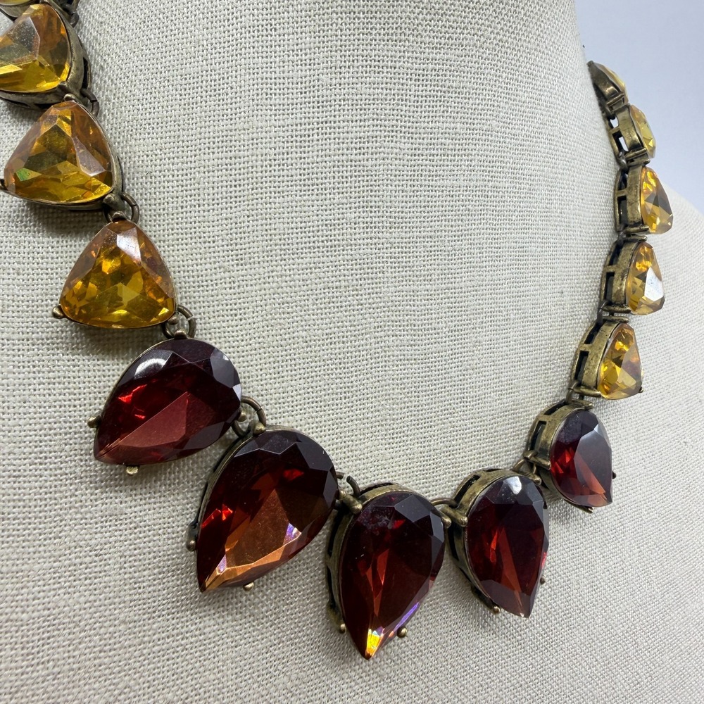 Amber & Gold Tone Red Facet Teardrop Acrylic Antiqued Chunky Statement Necklace